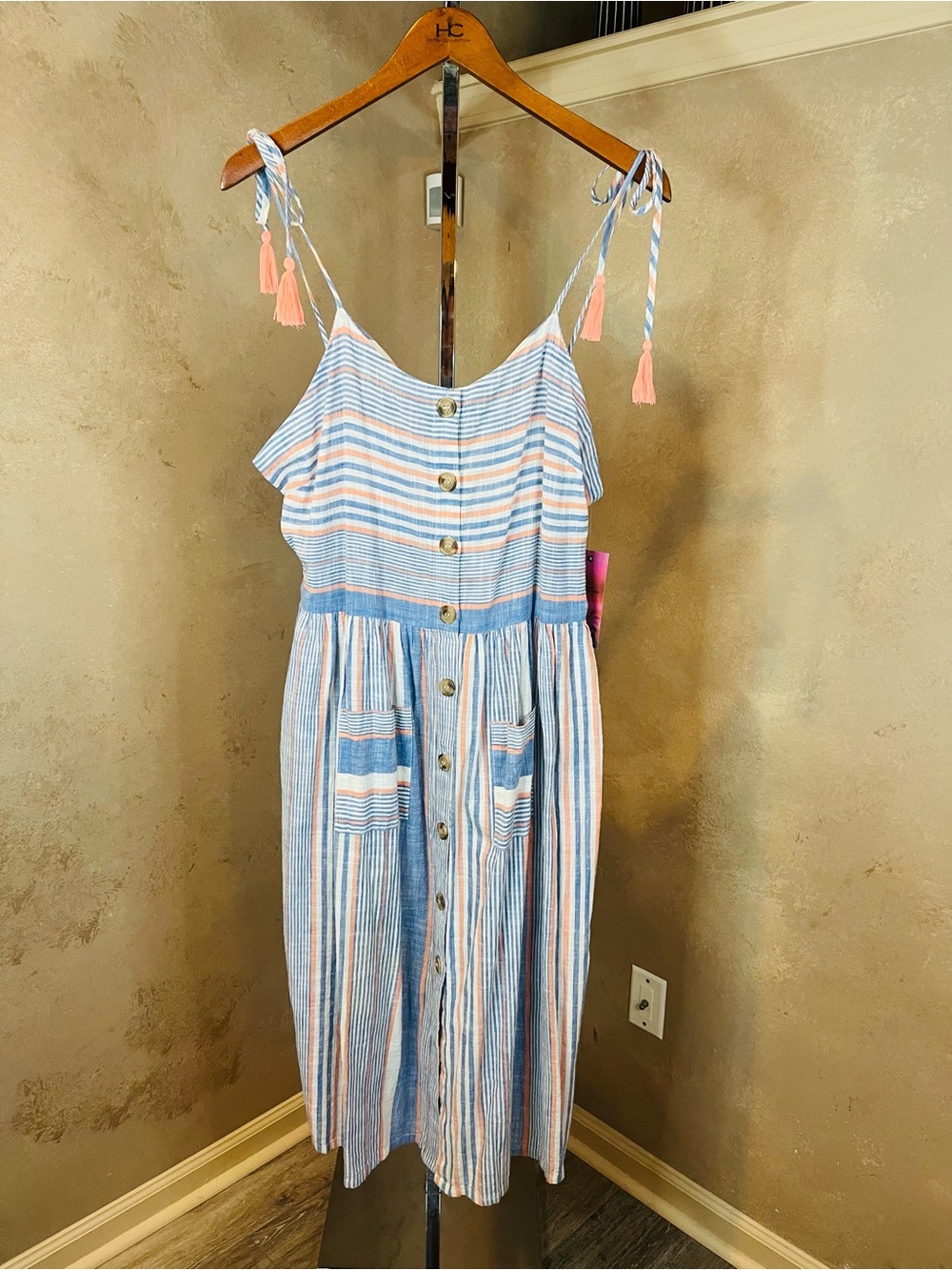 NWT Goa Beachwear by Japna Light Blue & Coral Striped Tie-Shoulder Midi Dress